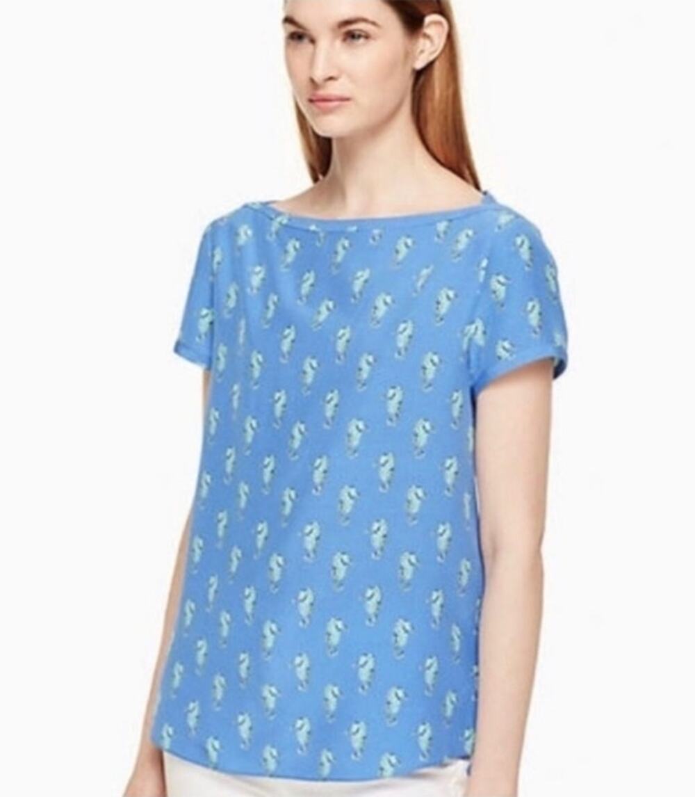 Kate Spade Shirt Blue Seahorse Silk Sleeveless Coastal Beachy Spring Summer XS